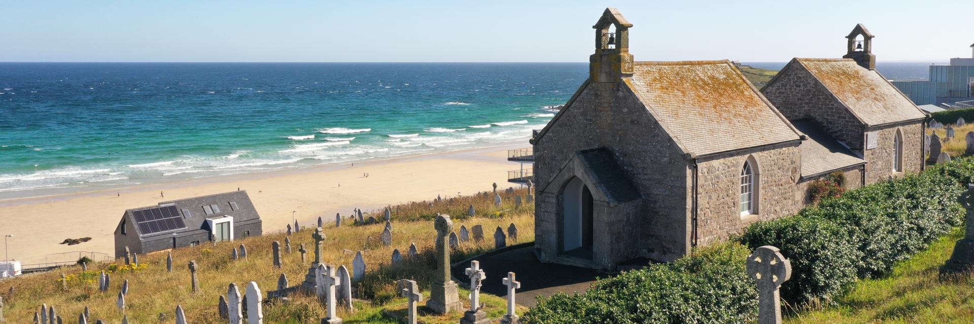 Barnoon Chapel in St Ives overlooking Porthmeor beach